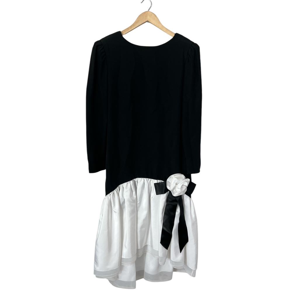 Vintage 80s Gilbert Tally NY Drop Waisted White Black Rosette Ribbon Dress M/L
